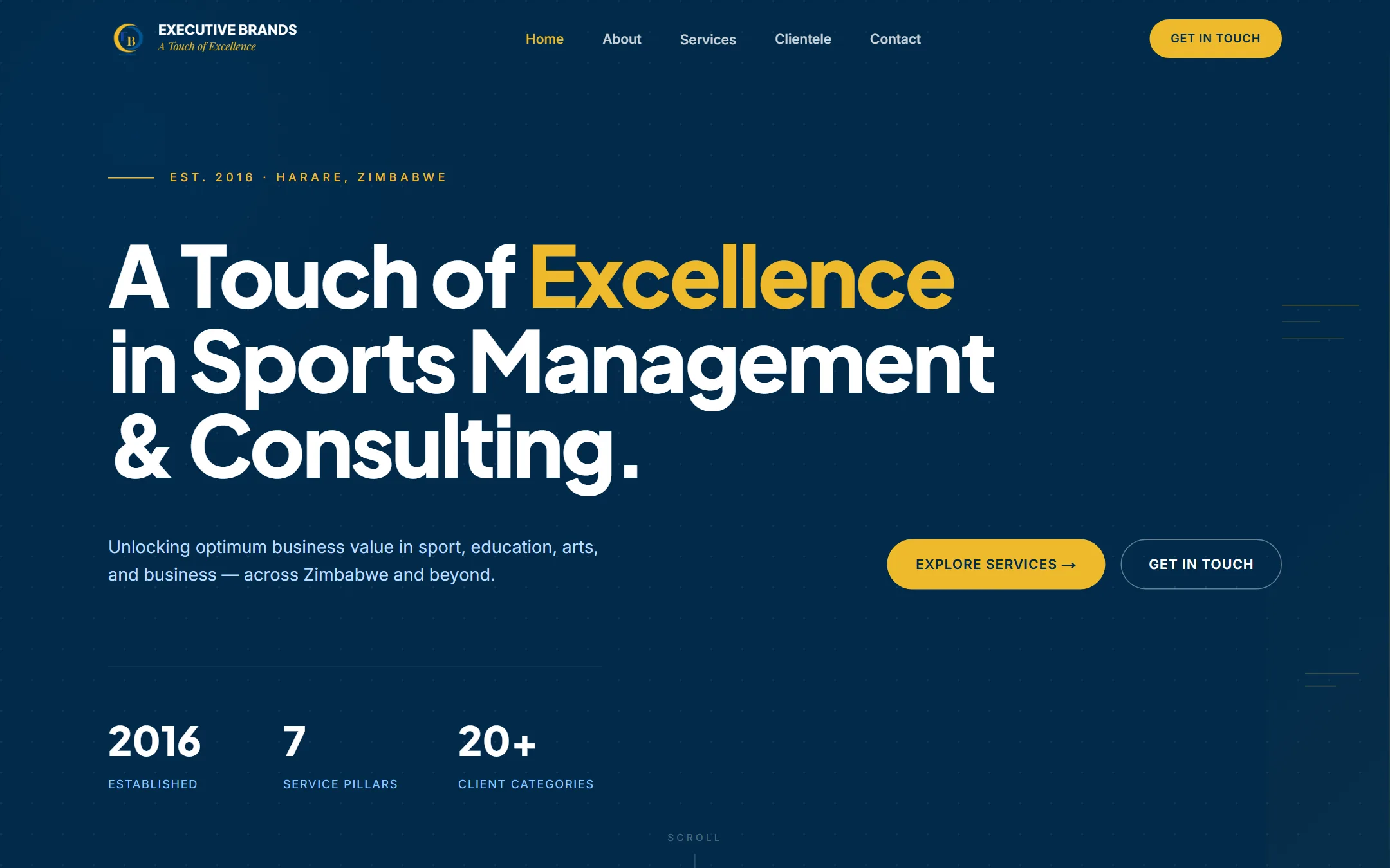 The Executive Brands home page: A Touch of Excellence in Sports Management and Consulting, set in white and gold on deep navy