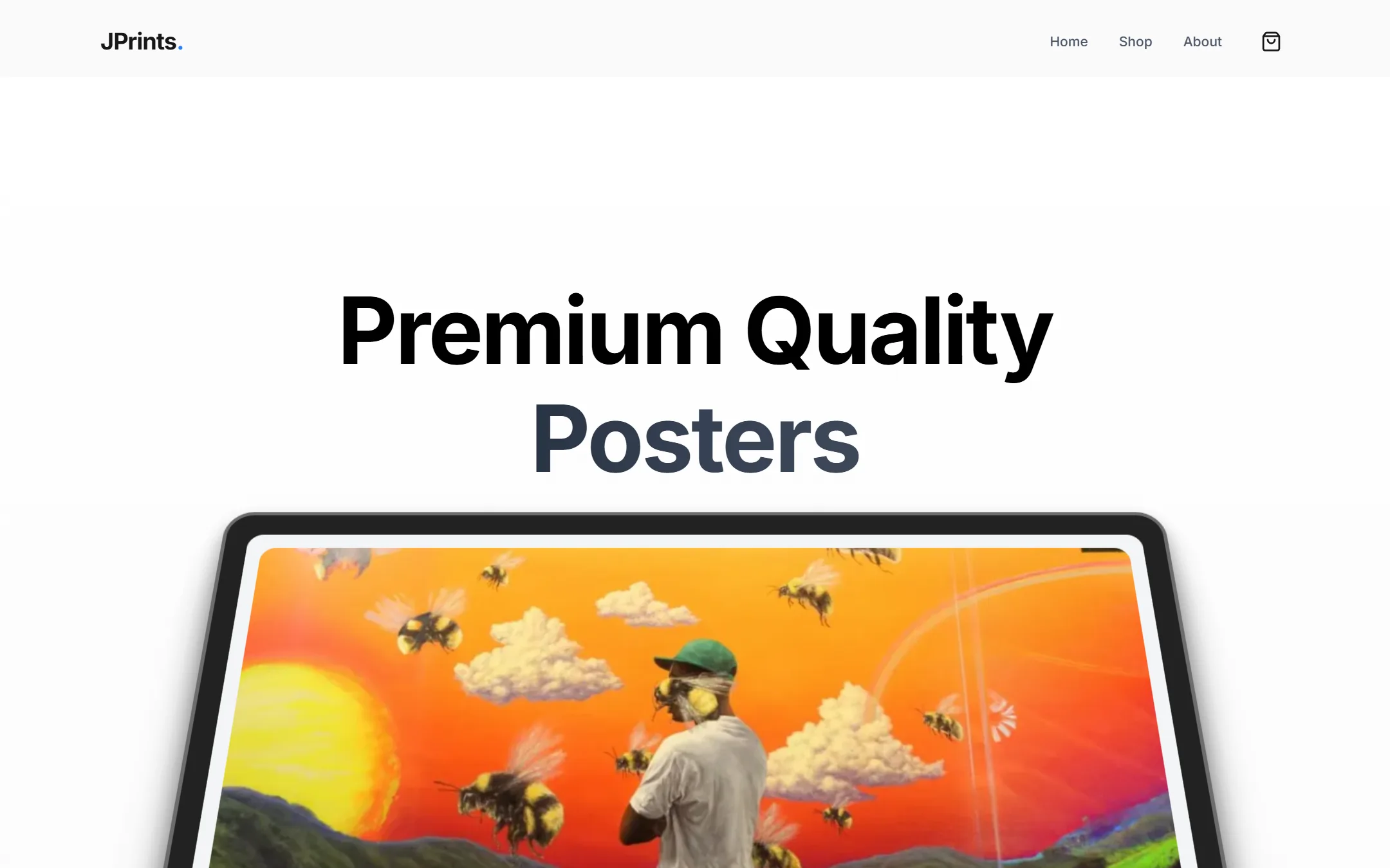 The JPrints home page: a Premium Quality Posters headline above a tablet showing one of the prints